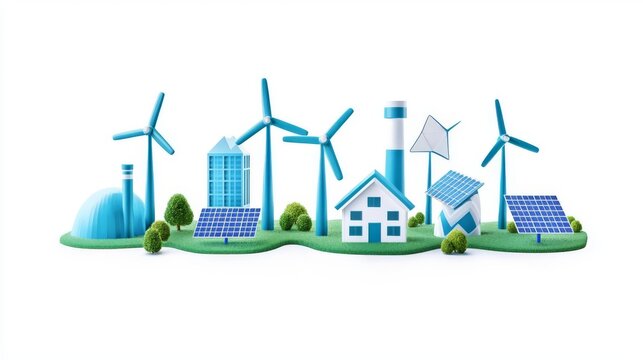Illustration of renewable energy resources featuring wind turbines, solar panels, and eco-friendly buildings.