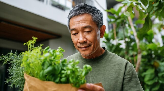 Man standing in front of a market stand with produce, holding a smartphone and looking at the screen, seemingly noticing his surroundings. - Powered by Adobe