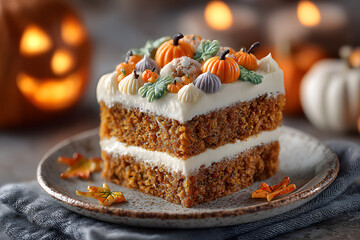 Halloween pumpkin cake cream cheese frosting topped with tiny fondant pumpkins and autumn leaves, festive background with glowing jack-o’-lanterns.