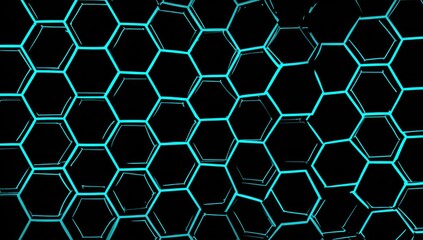 Obraz premium A striking pattern of interconnected turquoise hexagons on a black background creates a futuristic and technological design.