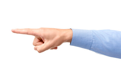Man touching something on white background, closeup