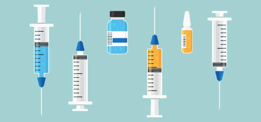Syringe and vial icon, needle inject and medical bottle. Medicine drug, vaccine dose, antibiotic shot. Liquid ampoule, medic treatment, health care set on blue background. Cartoon vector illustration