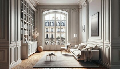 Elegant parisian apartment living room with ornate moldings, large arched window, and a bookshelf
