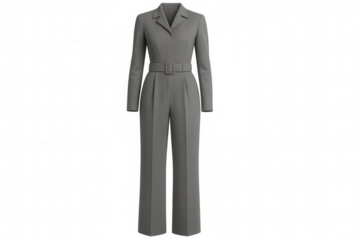 Gray jumpsuit with belt isolated on transparent background, perfect for fashion design or e-commerce projects