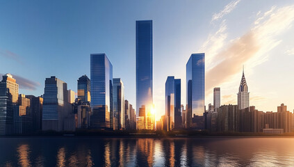 Obraz premium Golden hour city skyline with glass skyscrapers, warm sun reflections, sleek modern towers.