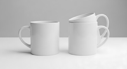 Fototapeta premium Two white ceramic mugs and a stack of two white mugs
