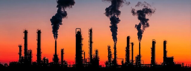 Industrial refinery silhouette at sunset, steam plumes under dramatic sky, cinematic scene for energy industry