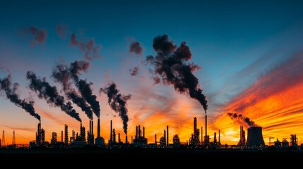 Industrial refinery silhouette at sunset, steam plumes under dramatic sky, cinematic scene for energy industry