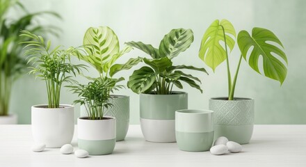 Obraz premium Collection of various potted houseplants on a white table, showcasing indoor gardening and home decor with green plants