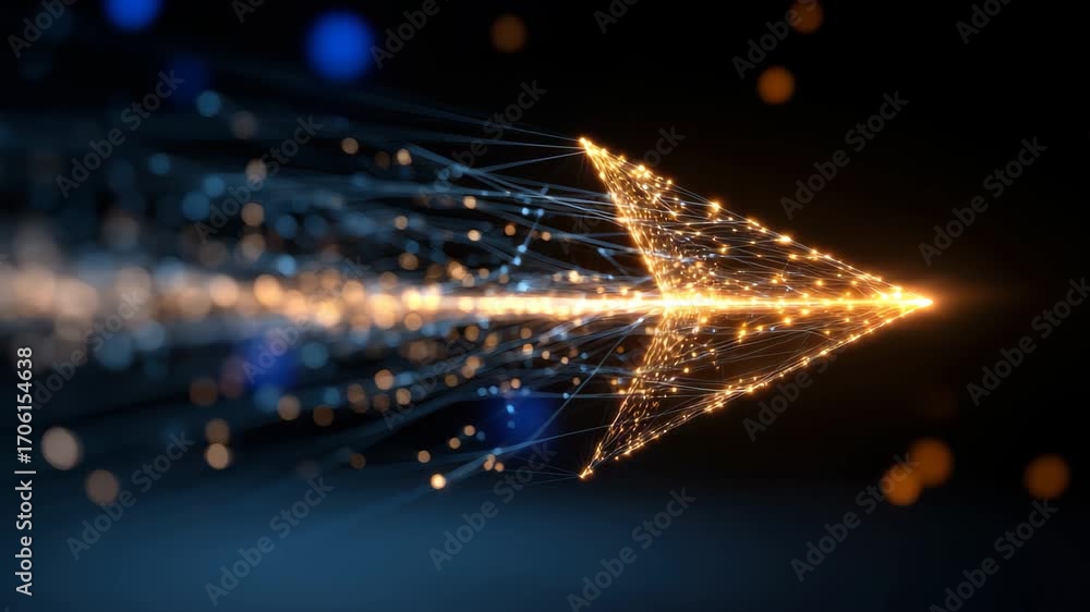 Poster abstract arrow symbol representing forward movement, speed, and technology in a dynamic digital envi
