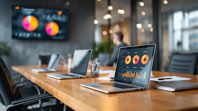 Modern office conference room, tech, and data analysis on screens