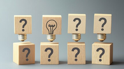 Wooden blocks with question marks and light bulb icons on a gray background, symbolizing ideas, creative thinking, and innovation in a business office setting.