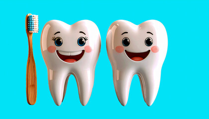 zwei lachende Z&auml;hne mit fr&ouml;hlichen Augen und roten B&auml;ckchen, daneben eine Zahnb&uuml;rste aus Holz - fotorealistische Illustration