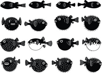Puffer fish silhouettes collection, tropical sea animals, ocean wildlife, marine life icons, underwater creatures, aquatic fish shapes, sea animal illustrations © Vector Sifat