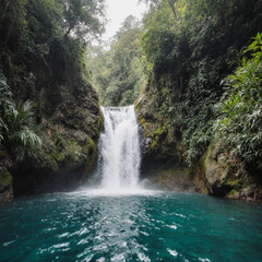 Fototapeta premium Crystal Clear Waterfall in Tropical Forest of Laos