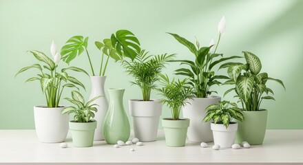 Collection of various potted houseplants on a white table against a pale green wall, creating a serene and refreshing indoor garden