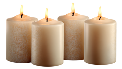 Four lit pillar candles isolated on transparent background