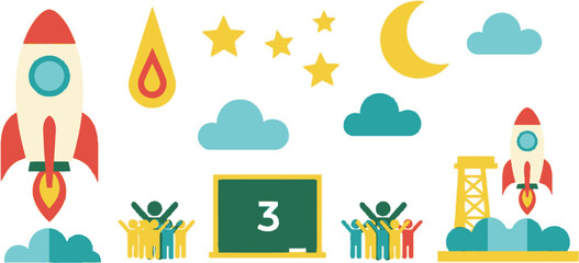 Naklejka premium Rocket Launch with Clouds Stars Moon Blackboard and Cheering People Flat Design