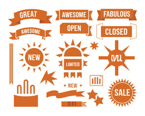 Collection of orange graphic design elements featuring promotional banners, sales tags, and starburst labels isolated on a white background