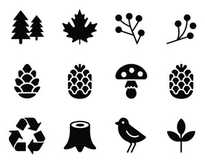 Fototapeta premium Set of twelve minimalist forest icons. A collection of black glyphs depicting trees, a maple leaf, pinecones, a mushroom, and a bird in a grid layout