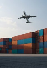 An airplane taking off from a shipping port filled with multicolored cargo containers, signifying international trade and logistics. The image is captured under a bright sky