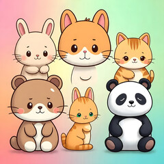 Fototapeta premium A vibrant digital illustration of six cute cartoon animals: rabbits, cats, a hamster, and a panda against a pastel background.