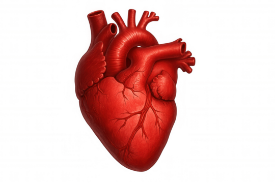 Highly detailed 3d rendering of a human heart, showcasing its intricate structure and blood vessels, isolated on a transparent background