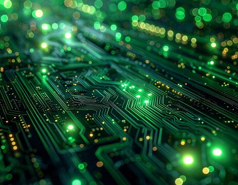 Abstract circuit board with glowing green lines and light