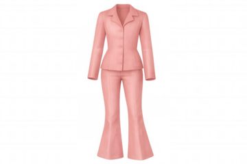 Pink tailored suit with slim jacket and wide-leg pants, showcasing contemporary fashion design against transparent backdrop