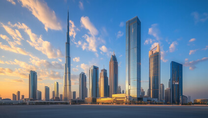 Fototapeta premium Sunlit skyscrapers rise above dense downtown, blue hour sky and glass shine, perfect city background.