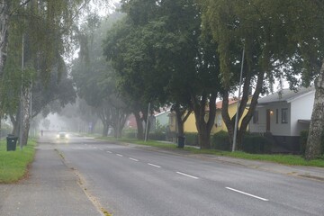 Swedish foggy autumn morning in Stockholm suburbs with rubbish recycling bins on the kerb