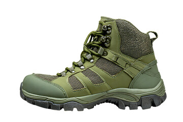 Green camouflage hiking boot isolated on transparent background