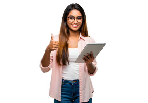 Young woman wearing glasses and a pink shirt, holding a tablet and giving a thumbs up