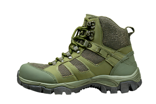 Green camouflage hiking boot isolated on transparent background