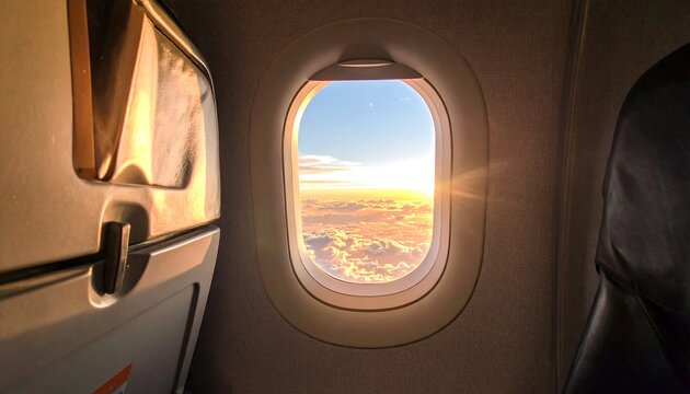 Airplane window view of sunrise over clouds (1) - Powered by Adobe