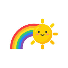 Obraz premium A cheerful sun character with a smiling face shines beside a vibrant rainbow, symbolizing joy