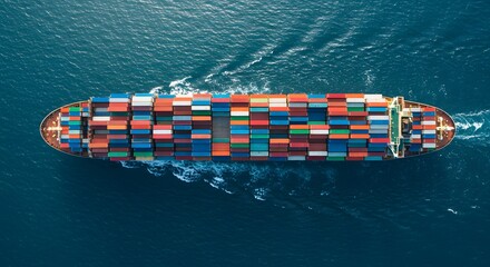 A cargo ship transporting containers across the ocean. The ship is filled with various colored containers, viewed from an aerial perspective.