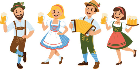 Four happy people in traditional Bavarian outfits holding beer mugs and playing accordion, celebrating Oktoberfest festival with joy and music together