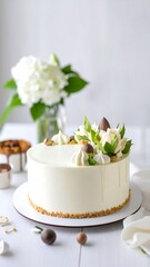 Elegant white cake decorated with flowers and chocolates