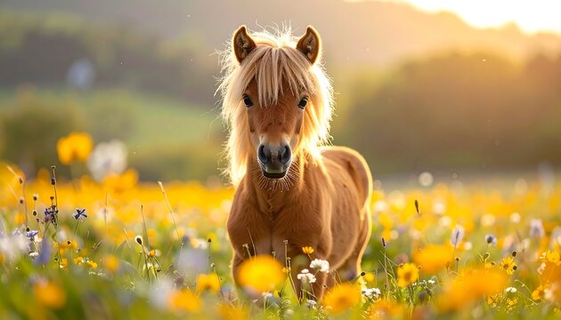 Adorable pony in a field of wildflowers at sunset