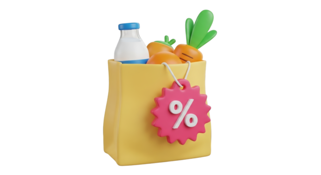 Yellow grocery bag with milk carrots and discount tag isolated on a transparent background bottle