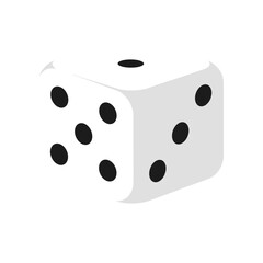 A close-up view of a single white die showing dots on its faces, set against a plain background