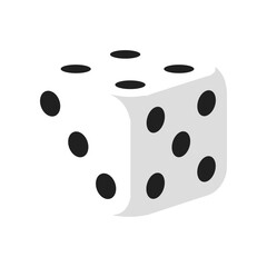 A close-up view of a single white die showing black dots, set against a plain background