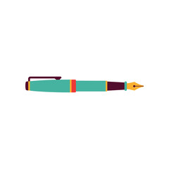 A close-up view of a stylish fountain pen with a turquoise body and gold nib on a white background