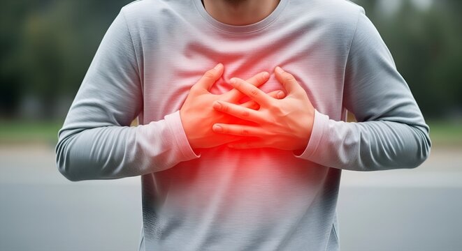 Person clutching chest experiencing sudden sharp pain or heart attack symptom