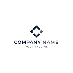 Fototapeta premium Modern abstract geometric logo template featuring a stylized square icon in dark blue and grey, with placeholder company name and tagline.