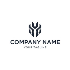 A modern, abstract geometric logo design featuring a stylized, shield-like emblem with sharp angles and a dark color palette, accompanied by placeholder text...