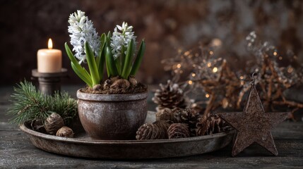 Rustic Christmas still life with blooming white hyacinths