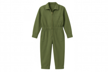 Green jumpsuit with front zipper, side pockets, photographed in studio setting against transparent backdrop