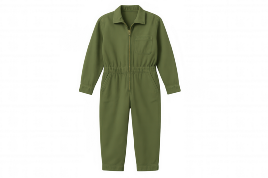 Green jumpsuit with front zipper, side pockets, photographed in studio setting against transparent backdrop